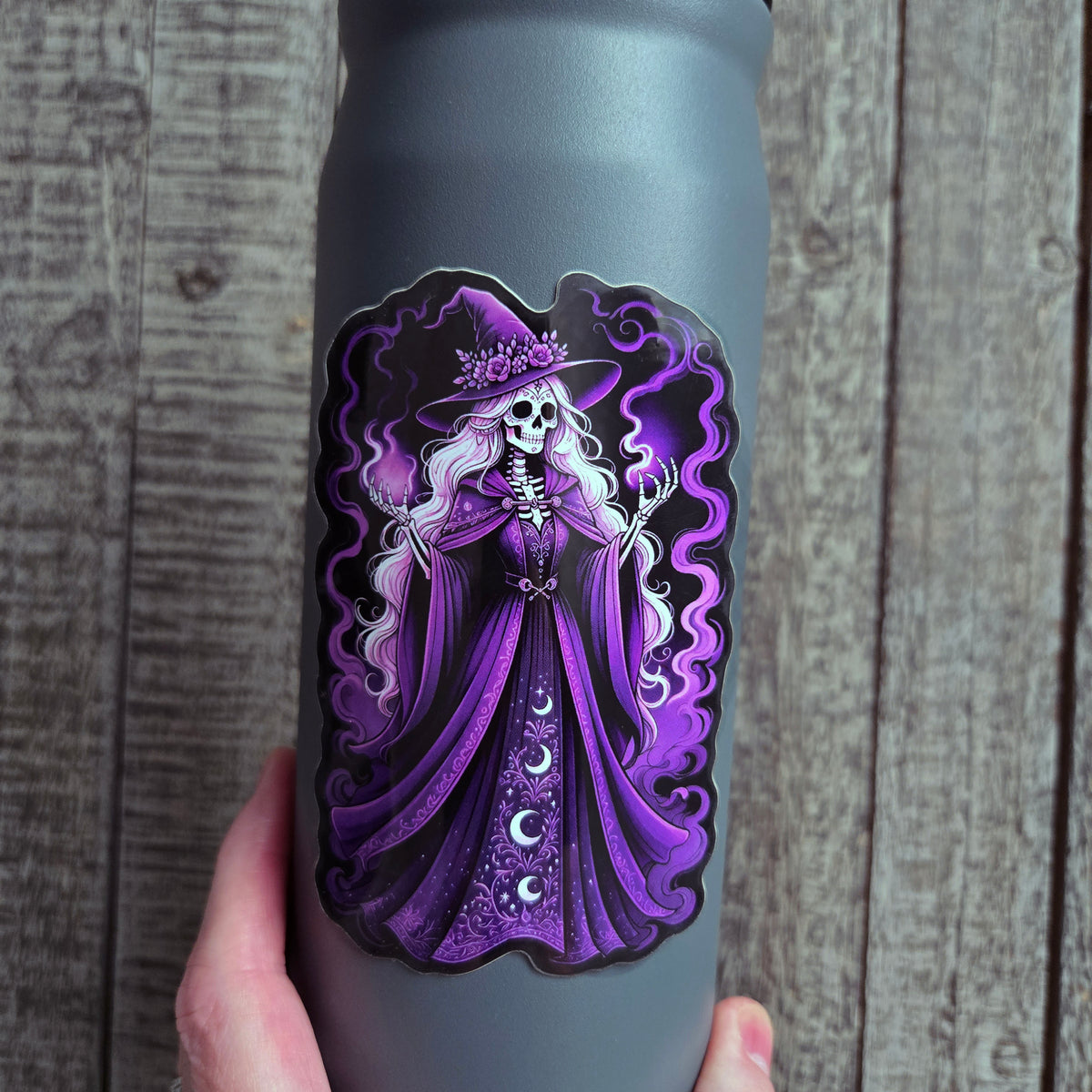 Gothic Skeleton Witch Sticker - Purple Witch Hat - Dark Fantasy Vinyl Decal