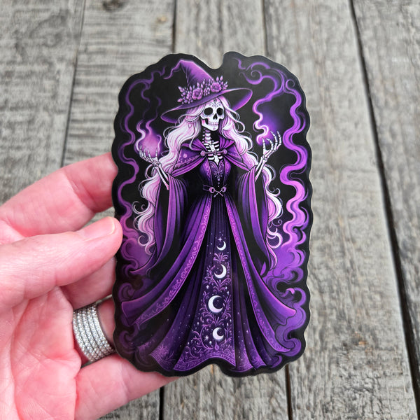 Gothic Skeleton Witch Sticker - Purple Witch Hat - Dark Fantasy Vinyl Decal