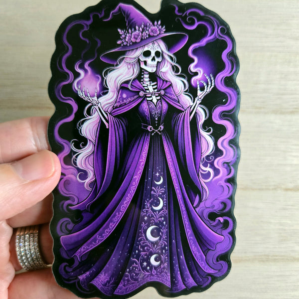 Gothic Skeleton Witch Sticker - Purple Witch Hat - Dark Fantasy Vinyl Decal