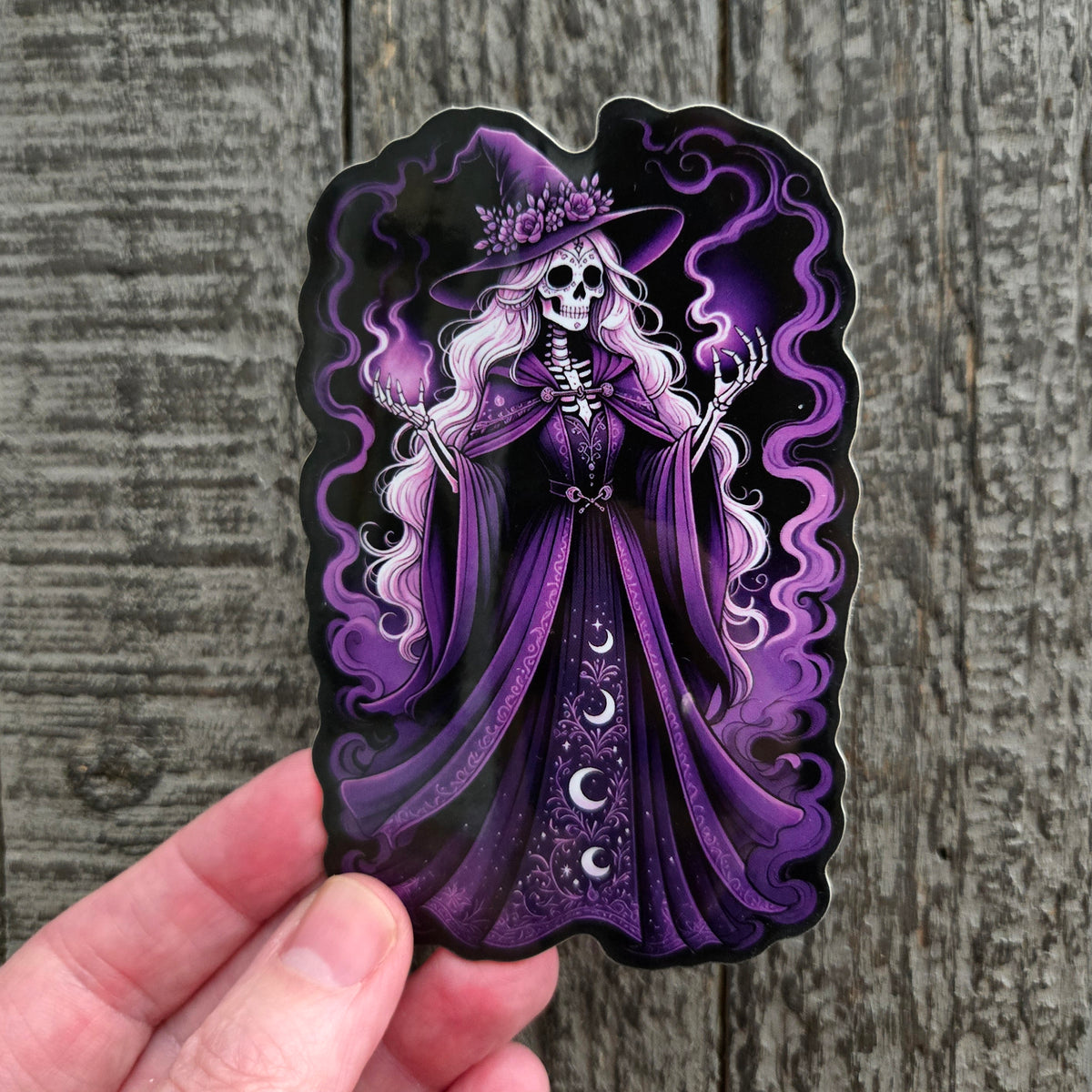 Gothic Skeleton Witch Sticker - Purple Witch Hat - Dark Fantasy Vinyl Decal