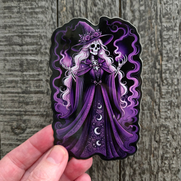 Gothic Skeleton Witch Sticker - Purple Witch Hat - Dark Fantasy Vinyl Decal