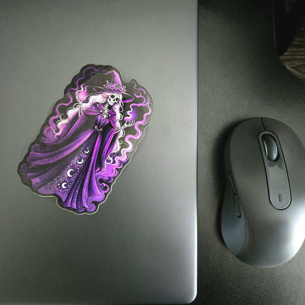 Gothic Skeleton Witch Sticker - Purple Witch Hat - Dark Fantasy Vinyl Decal