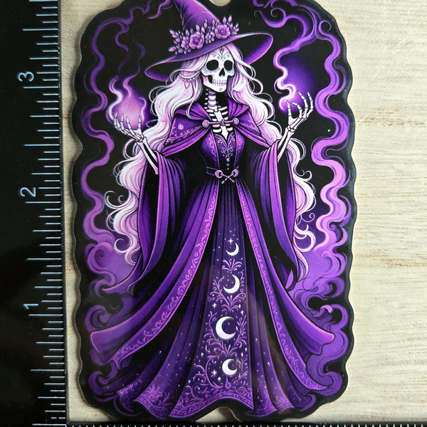 Gothic Skeleton Witch Sticker - Purple Witch Hat - Dark Fantasy Vinyl Decal