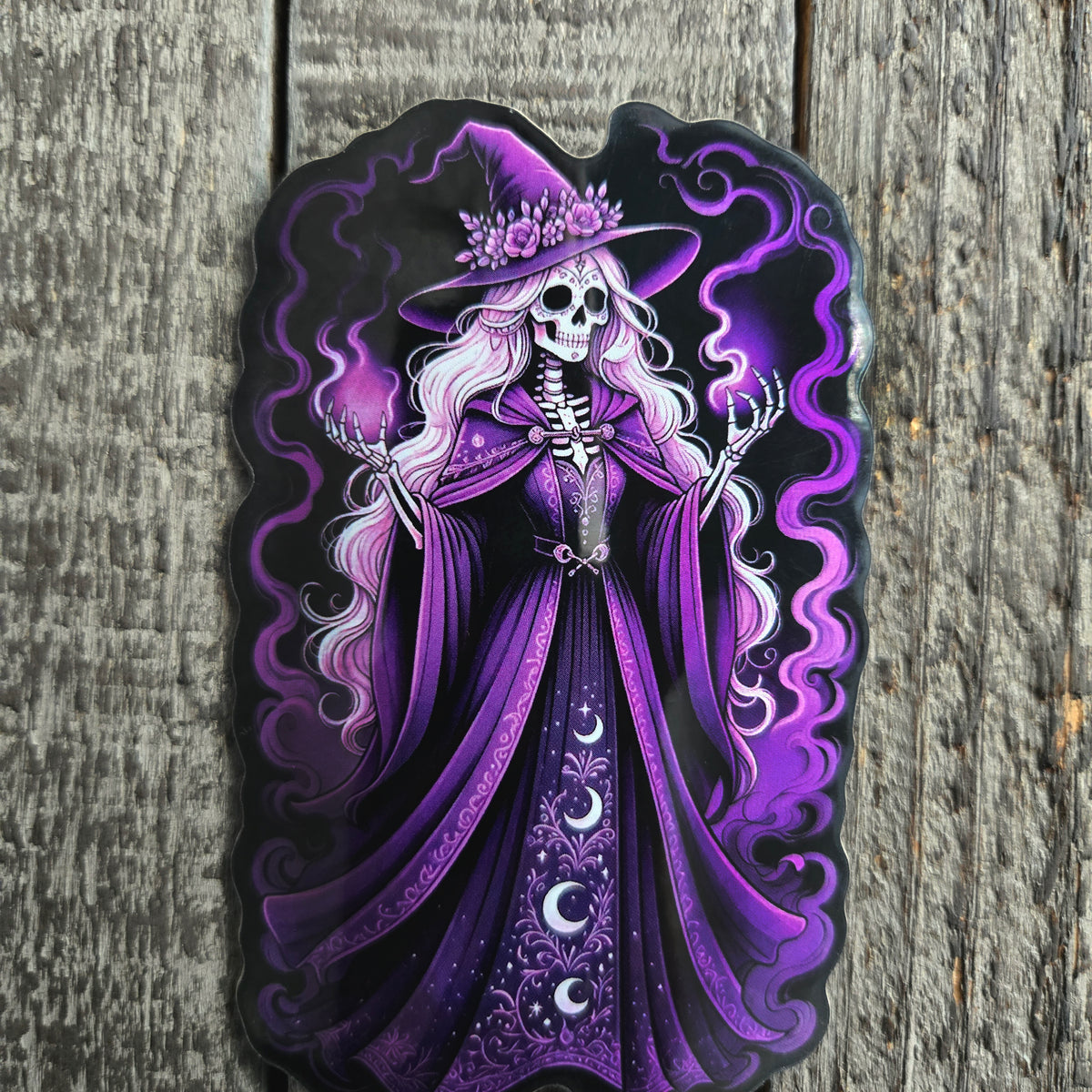 Gothic Skeleton Witch Sticker - Purple Witch Hat - Dark Fantasy Vinyl Decal
