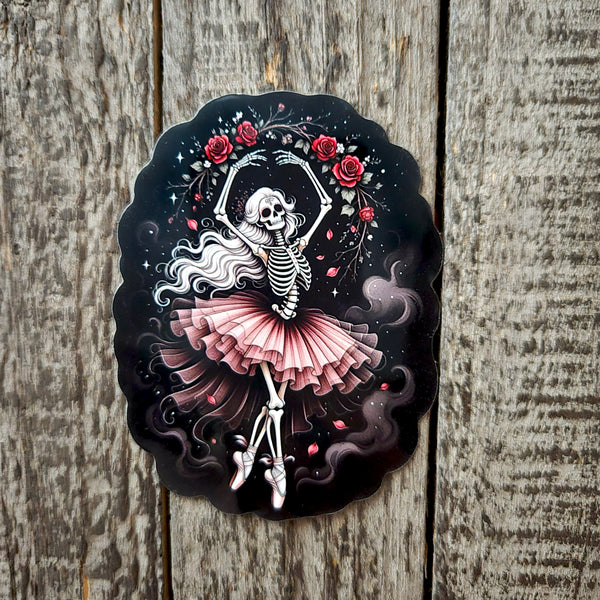 Waterproof Vinyl Sticker - Skeleton Ballerina - Gothic Ballet Sticker - Skull Dancer - Dark Fantasy - Laptop Water Bottle
