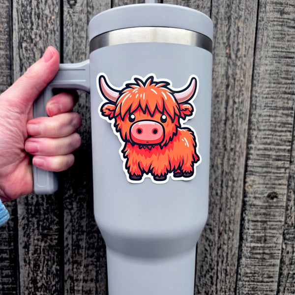 Highland Cow Sticker Waterproof Vinyl - Cute Fluffy Cow Laptop Decal - Farm Animal Water Bottle Sticker - Kawaii Cow Gift
