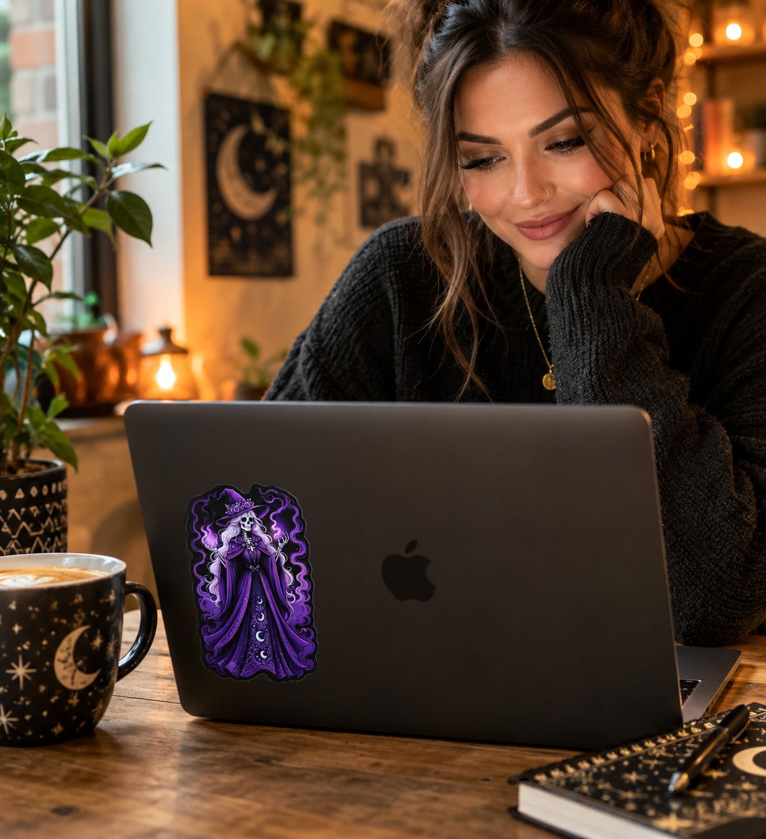 Gothic Skeleton Witch Sticker - Purple Witch Hat - Dark Fantasy Vinyl Decal