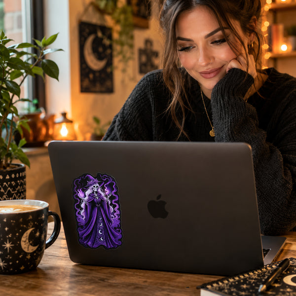 Gothic Skeleton Witch Sticker - Purple Witch Hat - Dark Fantasy Vinyl Decal