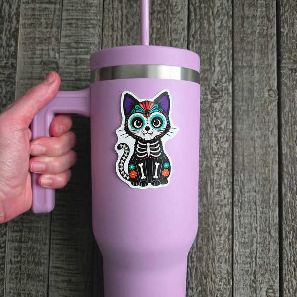 Sugar Skull Cat Sticker - Day of the Dead Holiday Decal - Halloween Vinyl