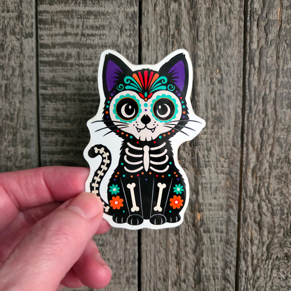 Sugar Skull Cat Sticker - Day of the Dead Holiday Decal - Halloween Vinyl
