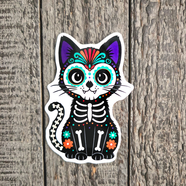 Sugar Skull Cat Sticker - Day of the Dead Holiday Decal - Halloween Vinyl