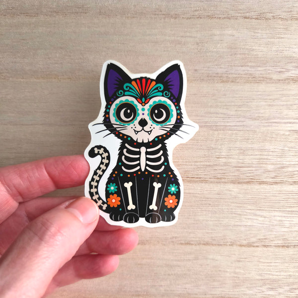 Sugar Skull Cat Sticker - Day of the Dead Holiday Decal - Halloween Vinyl
