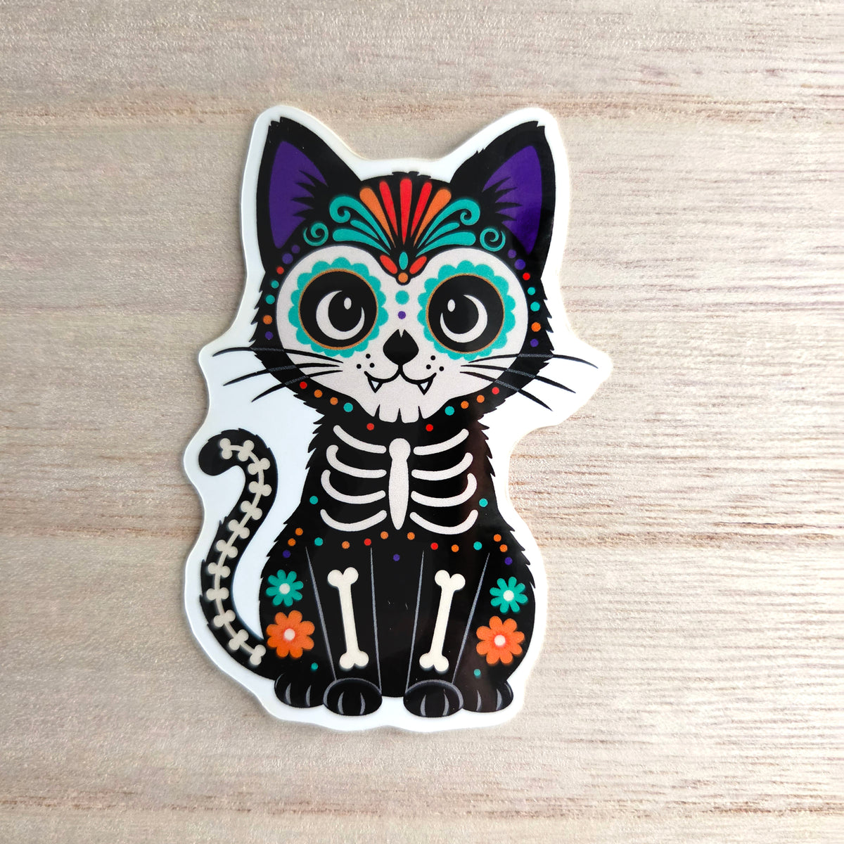 Sugar Skull Cat Sticker - Day of the Dead Holiday Decal - Halloween Vinyl