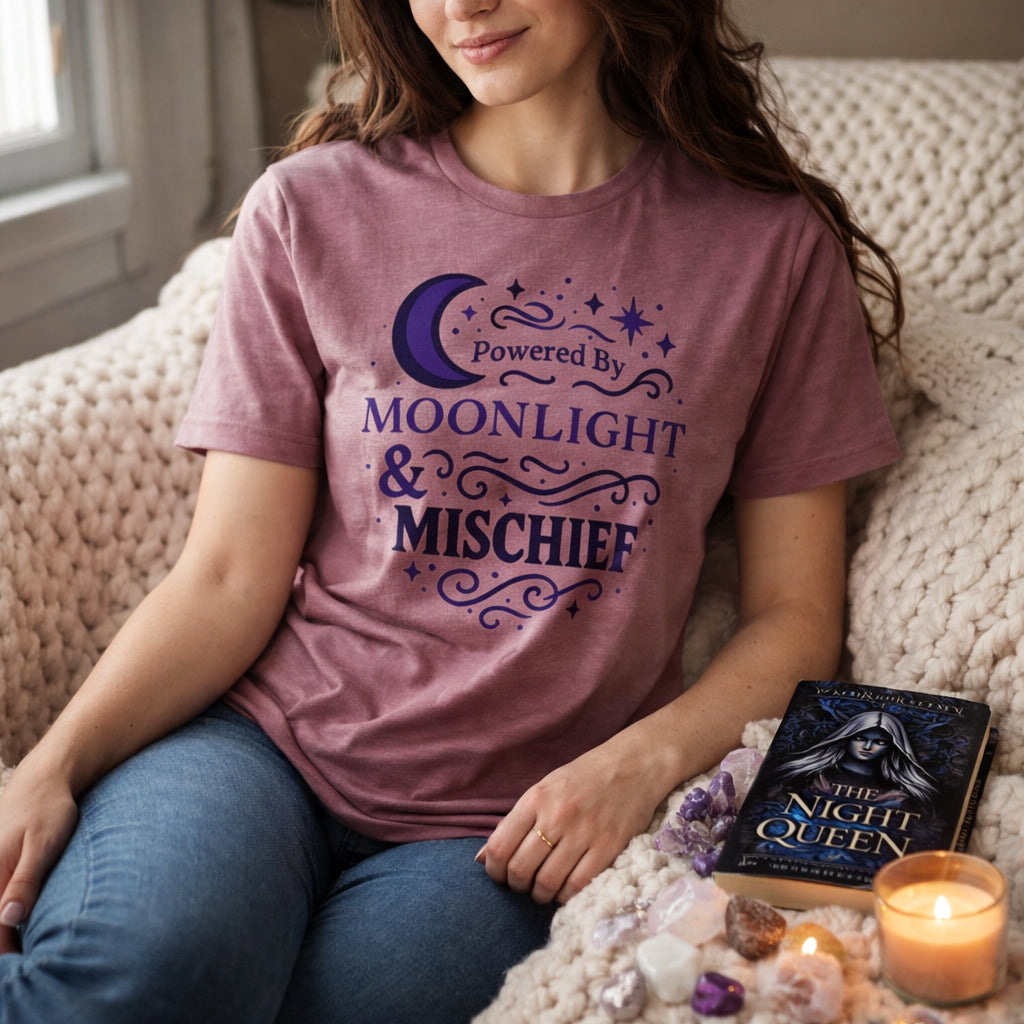 Witchy Moon Shirt for Women - Powered By Moonlight and Mischief Relaxed Tee - Celestial Gift for Her - Moon Lover T-Shirt