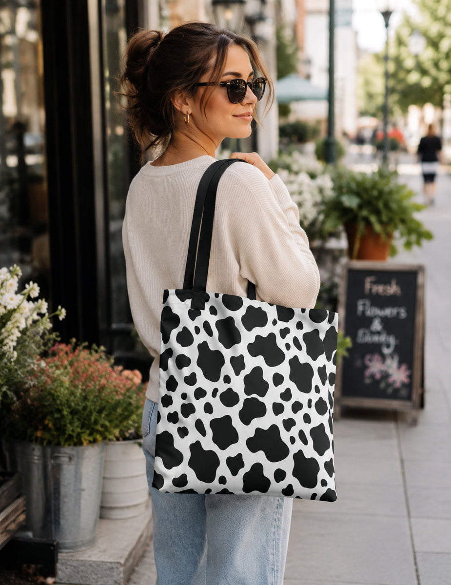 Cow Print Tote Bag - Black and White All Over Print - Animal Print Bag