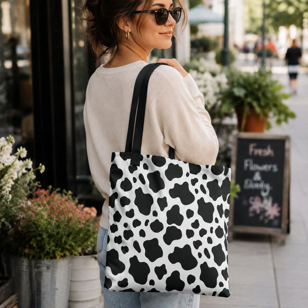 Cow Print Tote Bag - Black and White All Over Print - Animal Print Bag