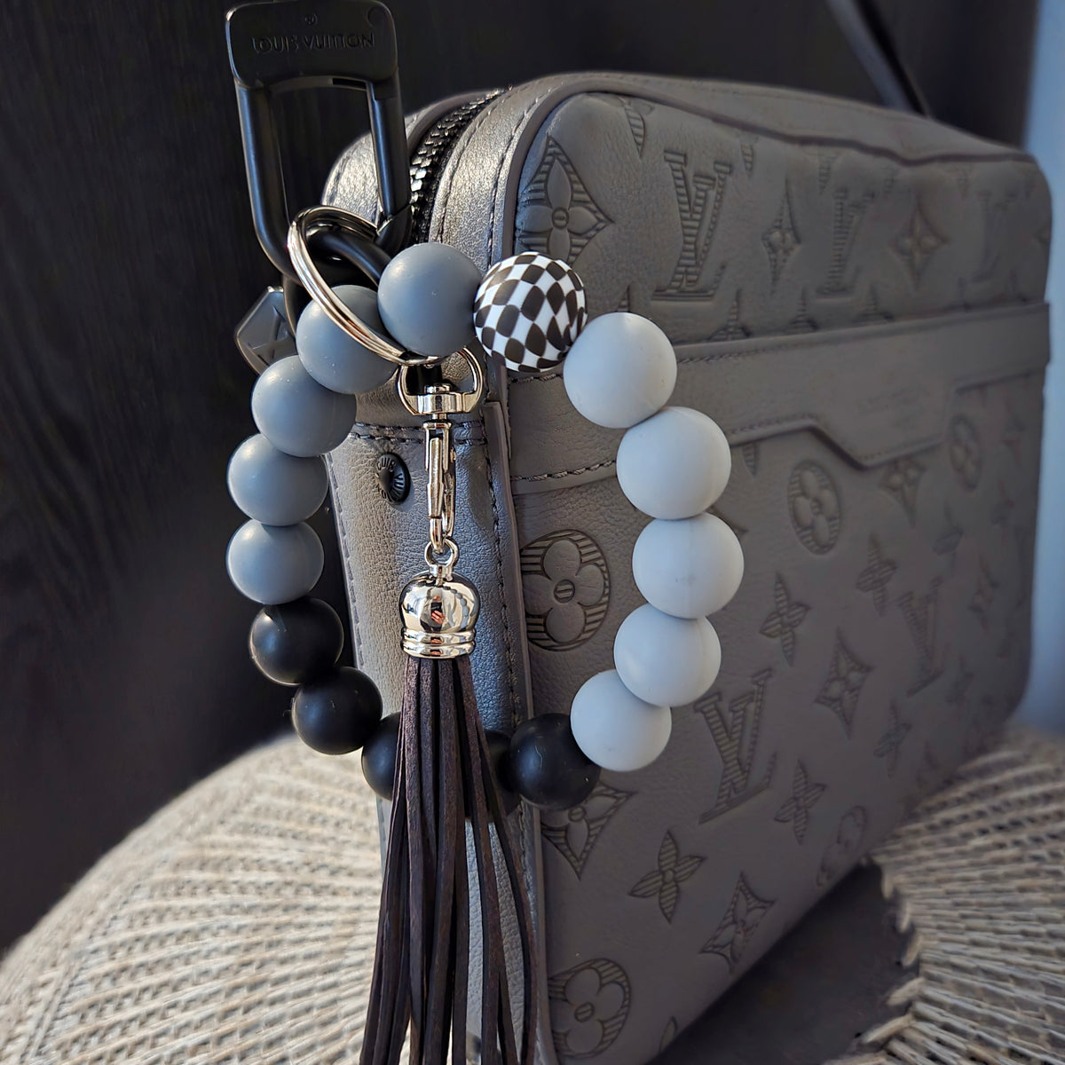 Wristlet Keychain - Beaded Silicone Key Fob Bracelet - Hands Free Keyring - Black Gray Checker with Gray Faux Leather Tassel - Cute Gift