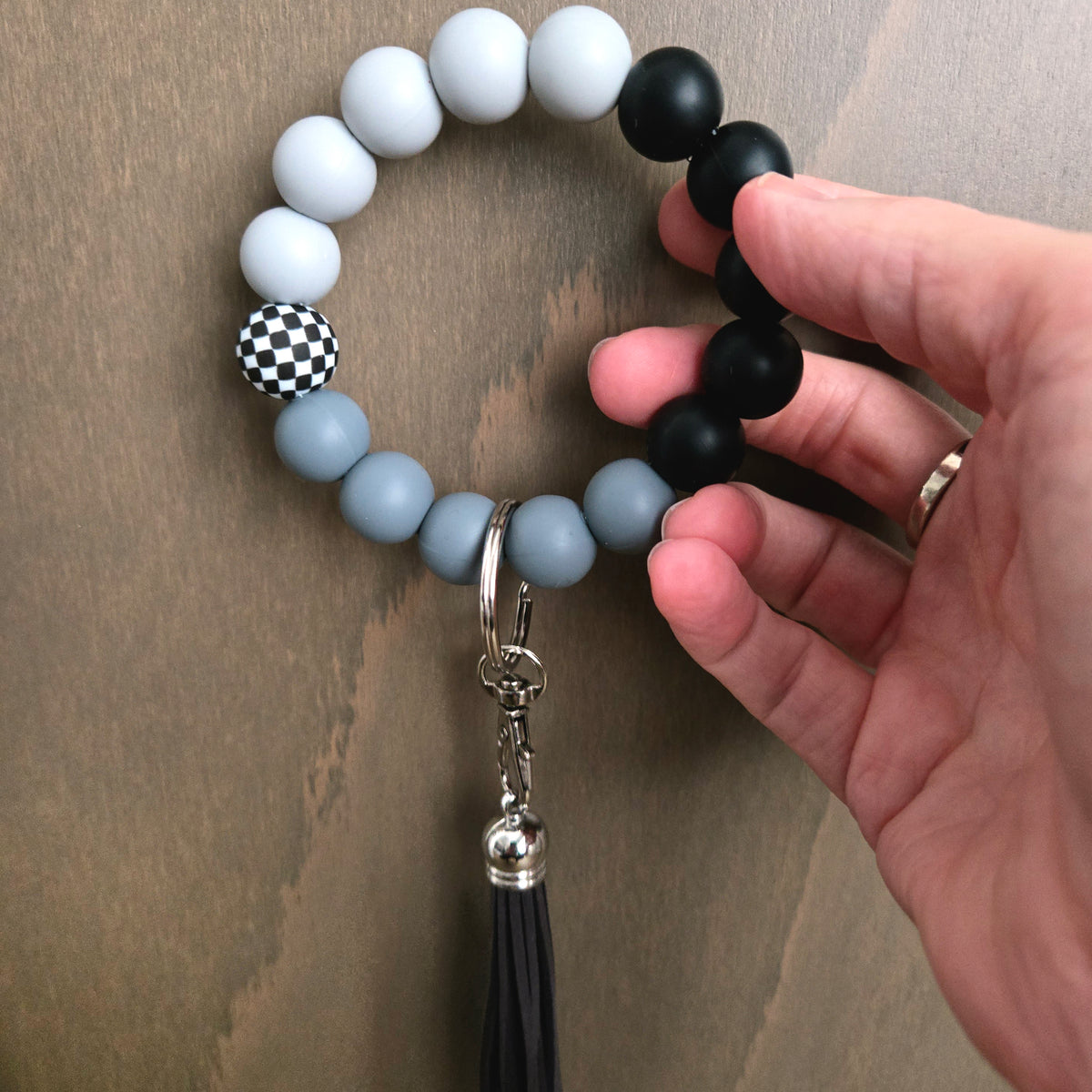 Wristlet Keychain - Beaded Silicone Key Fob Bracelet - Hands Free Keyring - Black Gray Checker with Gray Faux Leather Tassel - Cute Gift