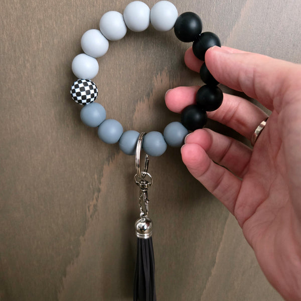 Wristlet Keychain - Beaded Silicone Key Fob Bracelet - Hands Free Keyring - Black Gray Checker with Gray Faux Leather Tassel - Cute Gift