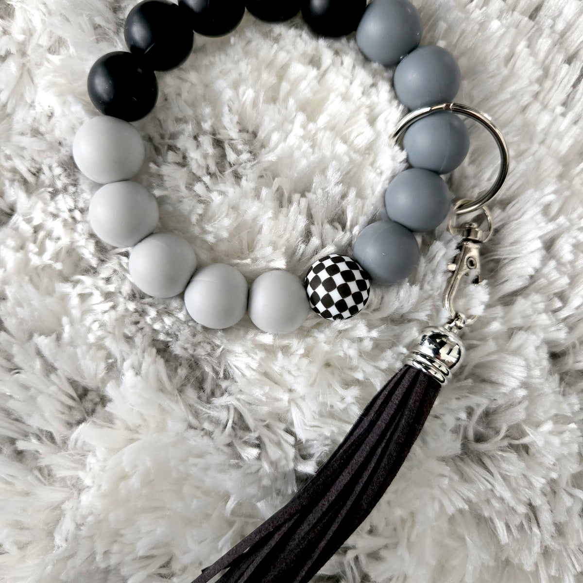Wristlet Keychain - Beaded Silicone Key Fob Bracelet - Hands Free Keyring - Black Gray Checker with Gray Faux Leather Tassel - Cute Gift