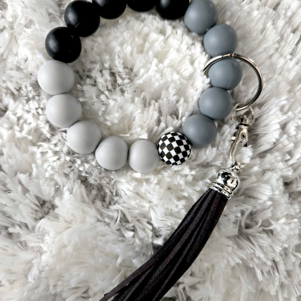 Wristlet Keychain - Beaded Silicone Key Fob Bracelet - Hands Free Keyring - Black Gray Checker with Gray Faux Leather Tassel - Cute Gift