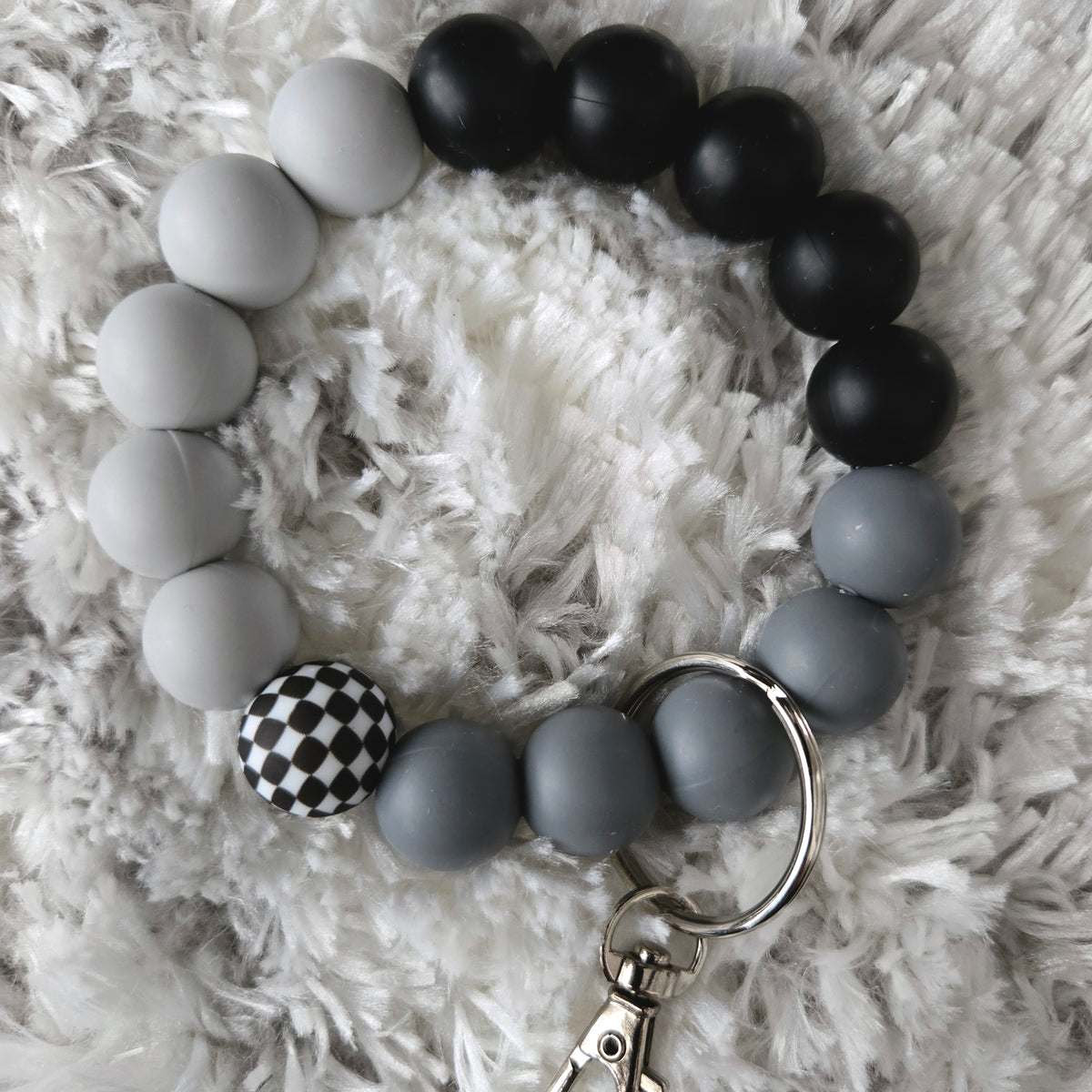 Wristlet Keychain - Beaded Silicone Key Fob Bracelet - Hands Free Keyring - Black Gray Checker with Gray Faux Leather Tassel - Cute Gift