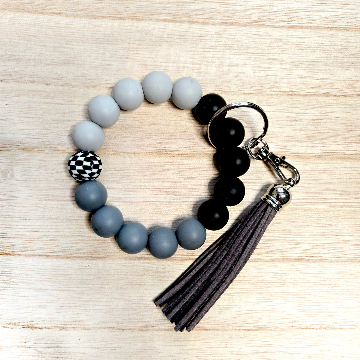 Wristlet Keychain - Beaded Silicone Key Fob Bracelet - Hands Free Keyring - Black Gray Checker with Gray Faux Leather Tassel - Cute Gift