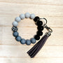 Wristlet Keychain - Beaded Silicone Key Fob Bracelet - Hands Free Keyring - Black Gray Checker with Gray Faux Leather Tassel - Cute Gift