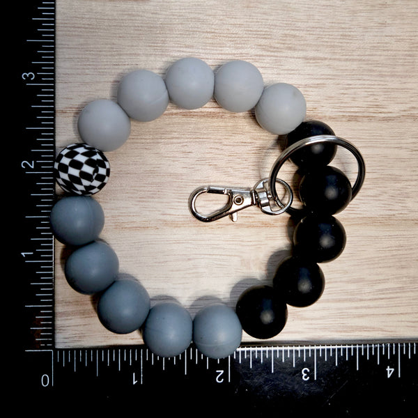 Wristlet Keychain - Beaded Silicone Key Fob Bracelet - Hands Free Keyring - Black Gray Checker with Gray Faux Leather Tassel - Cute Gift