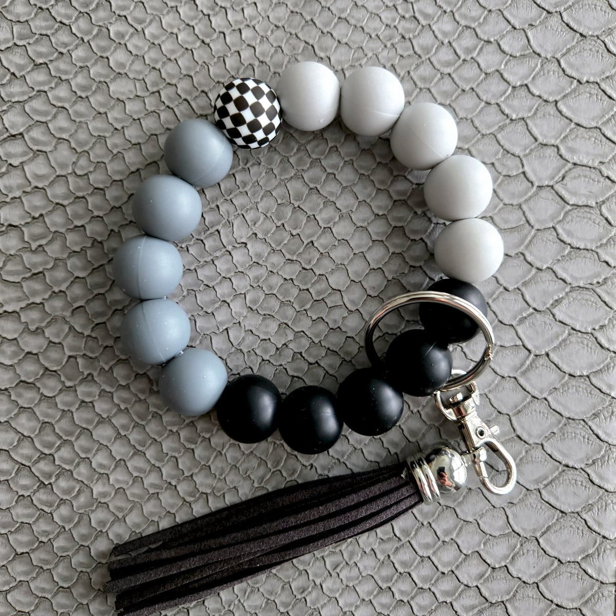 Wristlet Keychain - Beaded Silicone Key Fob Bracelet - Hands Free Keyring - Black Gray Checker with Gray Faux Leather Tassel - Cute Gift