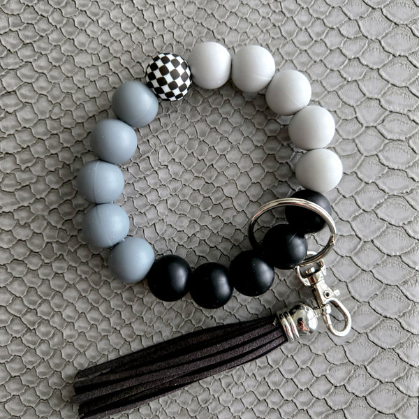 Wristlet Keychain - Beaded Silicone Key Fob Bracelet - Hands Free Keyring - Black Gray Checker with Gray Faux Leather Tassel - Cute Gift