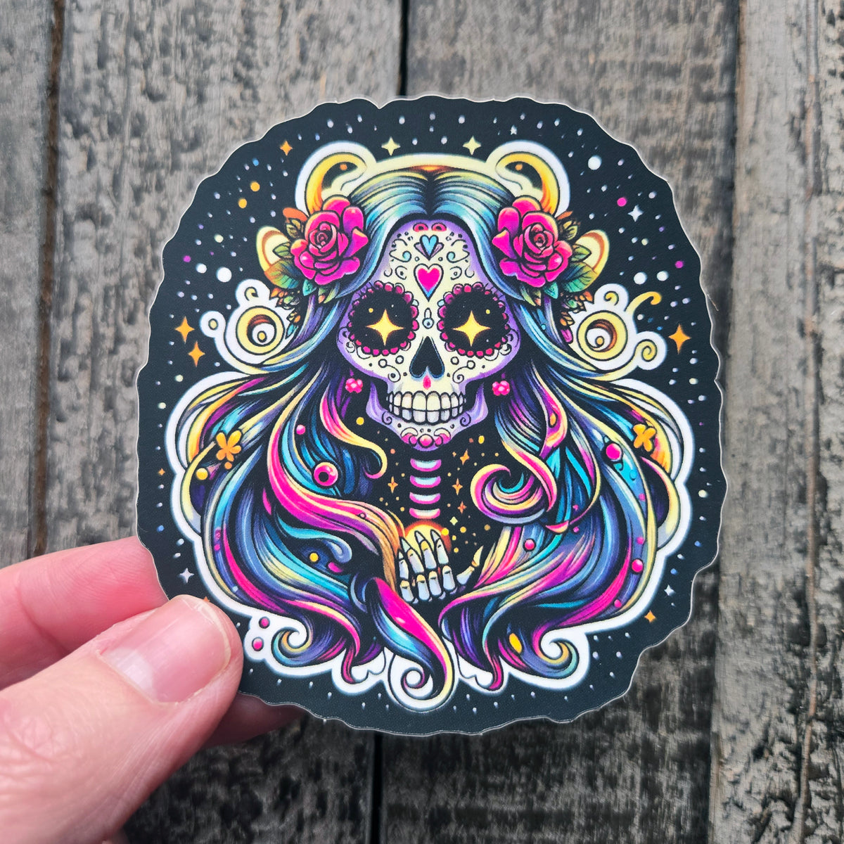 Colorful Sugar Skull Sticker - Cosmic Calavera Day of the Dead Vinyl Decal