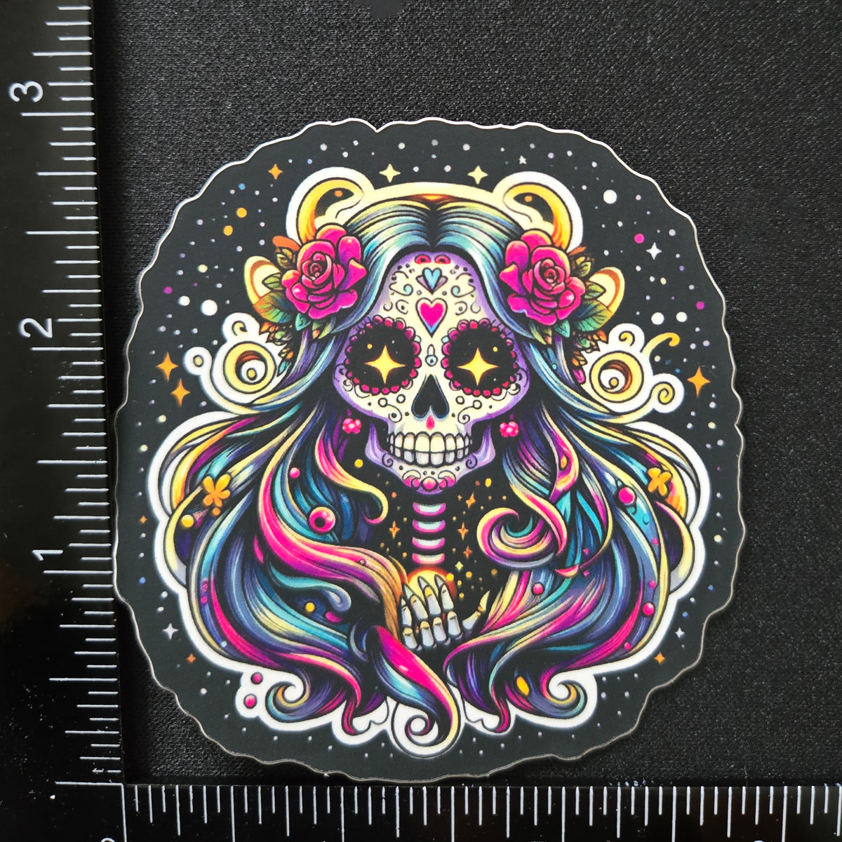 Colorful Sugar Skull Sticker - Cosmic Calavera Day of the Dead Vinyl Decal