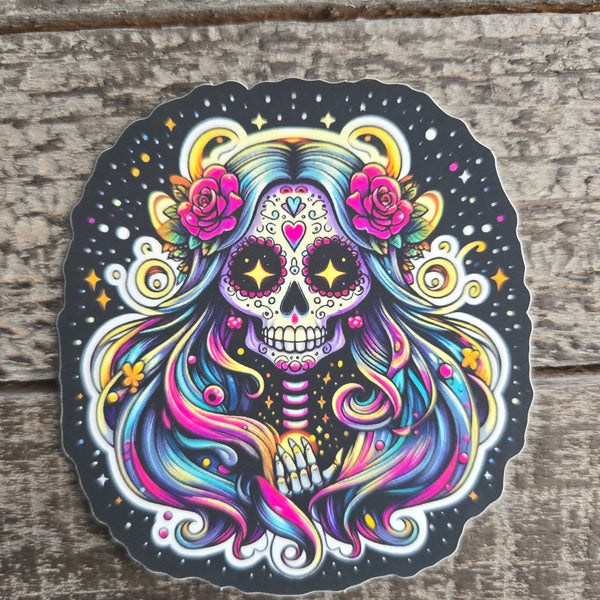 Colorful Sugar Skull Sticker - Cosmic Calavera Day of the Dead Vinyl Decal