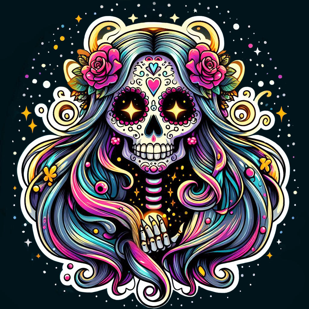 Colorful Sugar Skull Sticker - Cosmic Calavera Day of the Dead Vinyl Decal