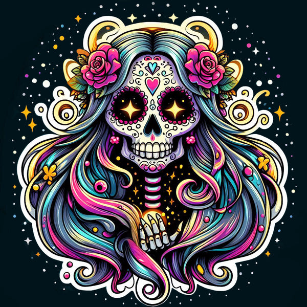Colorful Sugar Skull Sticker - Cosmic Calavera Day of the Dead Vinyl Decal