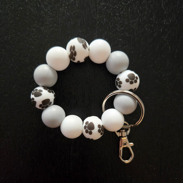 Paw Print Keychain Clip Petite - Dog Lover Gift Grey White Silicone Key Fob - Small Keyring for Bags Purses