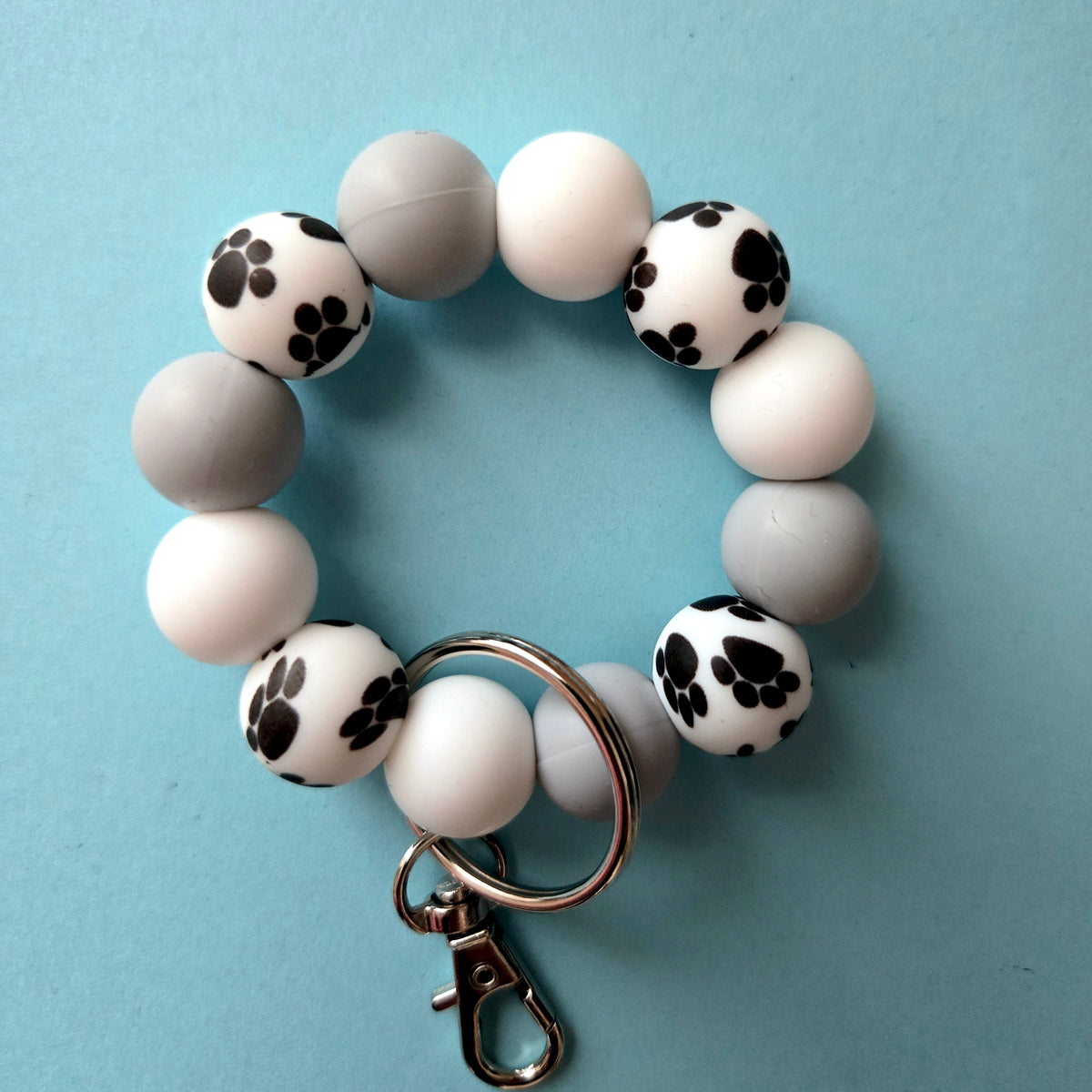Paw Print Keychain Clip Petite - Dog Lover Gift Grey White Silicone Key Fob - Small Keyring for Bags Purses