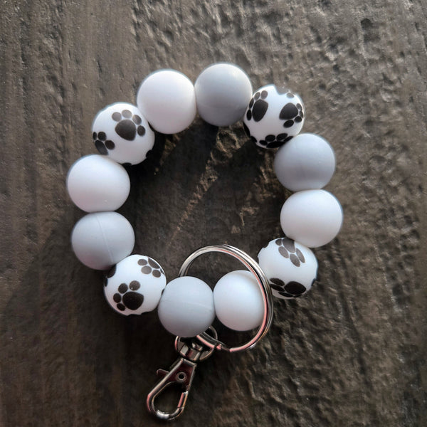 Paw Print Keychain Clip Petite - Dog Lover Gift Grey White Silicone Key Fob - Small Keyring for Bags Purses