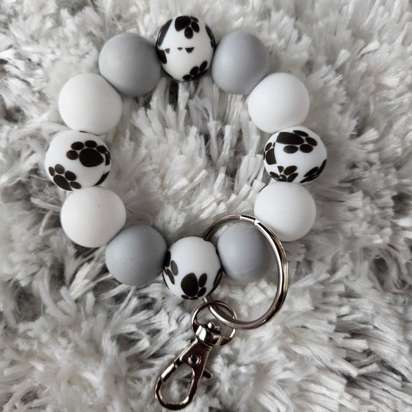 Paw Print Keychain Clip Petite - Dog Lover Gift Grey White Silicone Key Fob - Small Keyring for Bags Purses