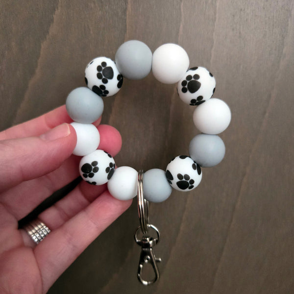 Paw Print Keychain Clip Petite - Dog Lover Gift Grey White Silicone Key Fob - Small Keyring for Bags Purses