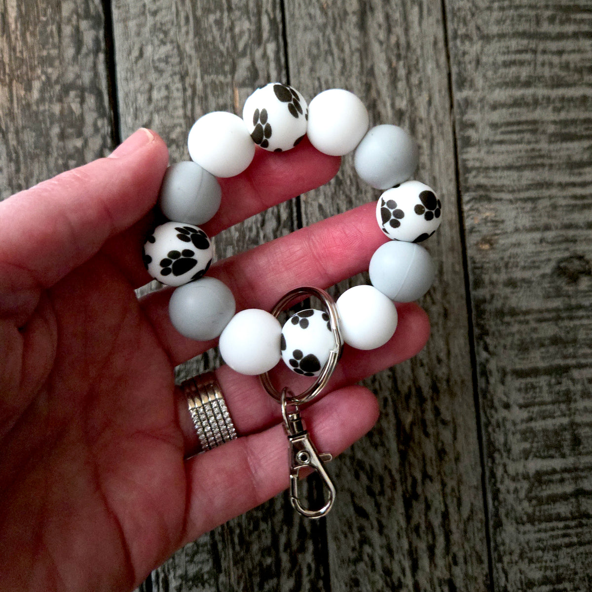 Paw Print Keychain Clip Petite - Dog Lover Gift Grey White Silicone Key Fob - Small Keyring for Bags Purses