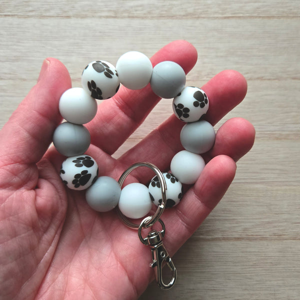 Paw Print Keychain Clip Petite - Dog Lover Gift Grey White Silicone Key Fob - Small Keyring for Bags Purses