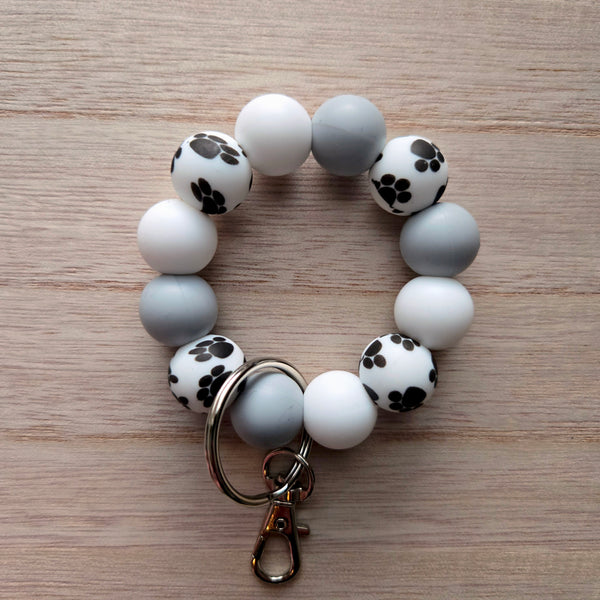 Paw Print Keychain Clip Petite - Dog Lover Gift Grey White Silicone Key Fob - Small Keyring for Bags Purses