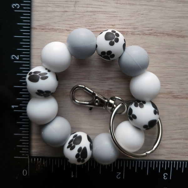 Paw Print Keychain Clip Petite - Dog Lover Gift Grey White Silicone Key Fob - Small Keyring for Bags Purses