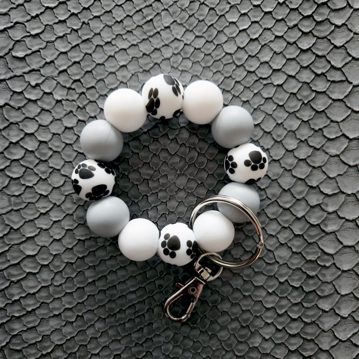 Paw Print Keychain Clip Petite - Dog Lover Gift Grey White Silicone Key Fob - Small Keyring for Bags Purses