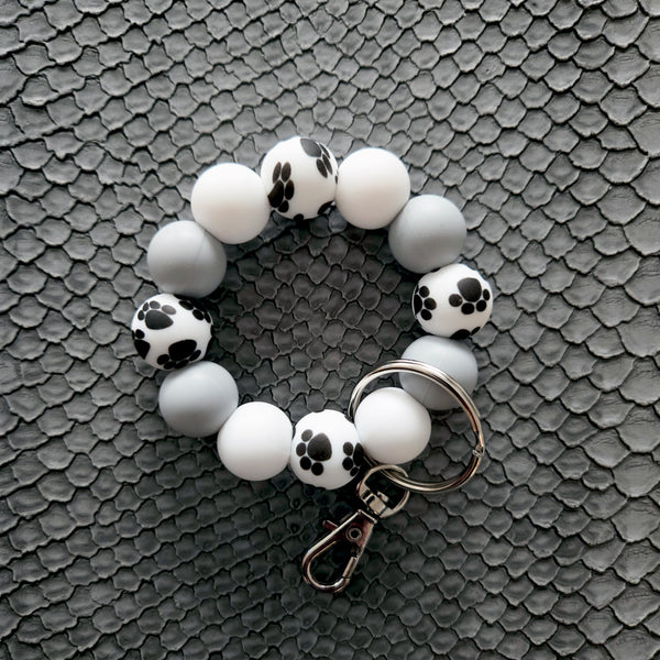 Paw Print Keychain Clip Petite - Dog Lover Gift Grey White Silicone Key Fob - Small Keyring for Bags Purses