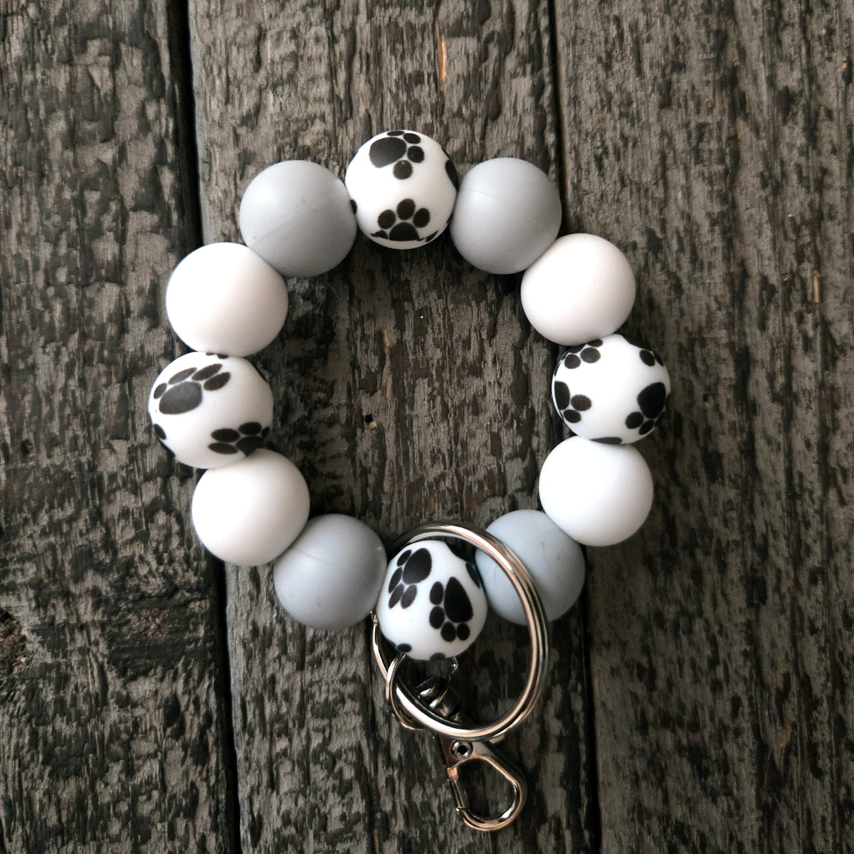 Paw Print Keychain Clip Petite - Dog Lover Gift Grey White Silicone Key Fob - Small Keyring for Bags Purses