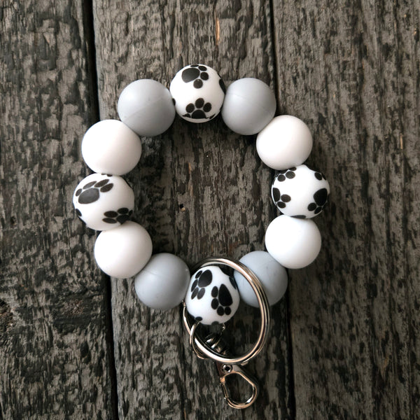 Paw Print Keychain Clip Petite - Dog Lover Gift Grey White Silicone Key Fob - Small Keyring for Bags Purses