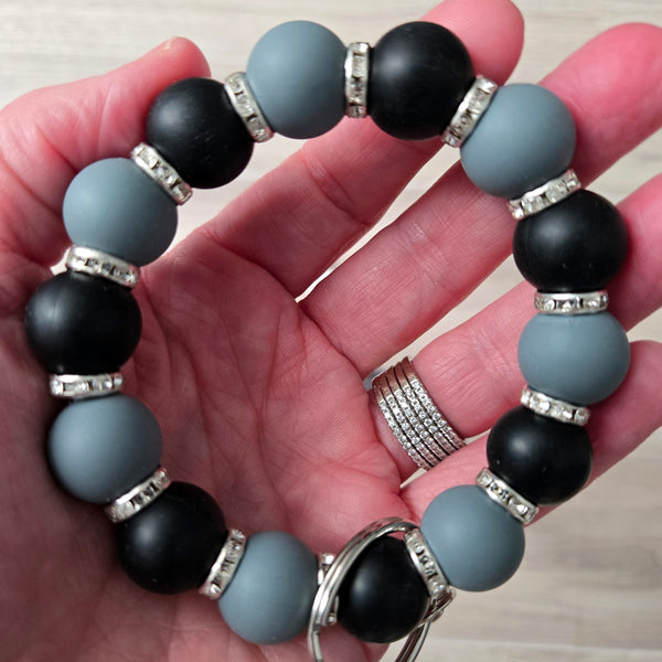 Beaded Wristlet Keychain - Silicone Key Holder Bracelet with Rhinestones and Tassel - Hands Free